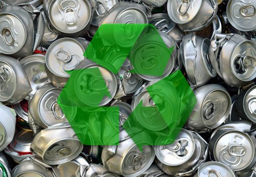 A close-up view of a large pile of crushed aluminum cans with a silver metallic finish, some with visible red or green pull tabs, stacked haphazardly in various orientations. The cans appear clean and are tightly packed together, occupying the entire frame. The background shows more cans extending beyond the foreground, with some partially obscured by others. The lighting highlights the reflective surfaces of the cans, creating bright spots and subtle shadows. In the centre of the image, a green recycling symbol overlay is placed, indicating environmental disposal. This scene is typical of waste collection or recycling efforts, potentially located in a warehouse or recycling facility, and relates to rubbish removal services like those offered by Commercial Waste Removal Heston in the Heston area, serving local businesses and residents. The focus is on the material's metallic texture and the dense accumulation of cans, emphasizing the importance of recycling and waste management in the United Kingdom context.